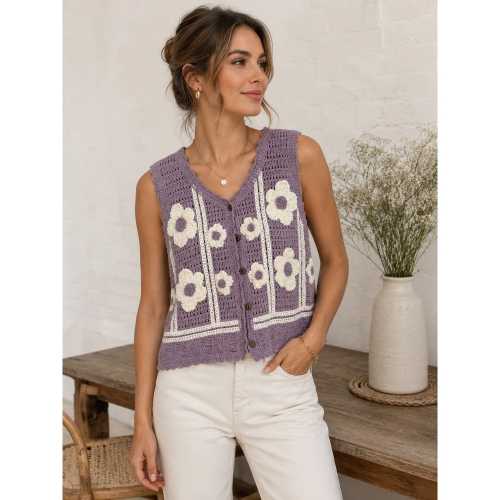 Stormi Wren Crochet Floral Sweater Vest Lavender Boho Cottagecore Button Front S